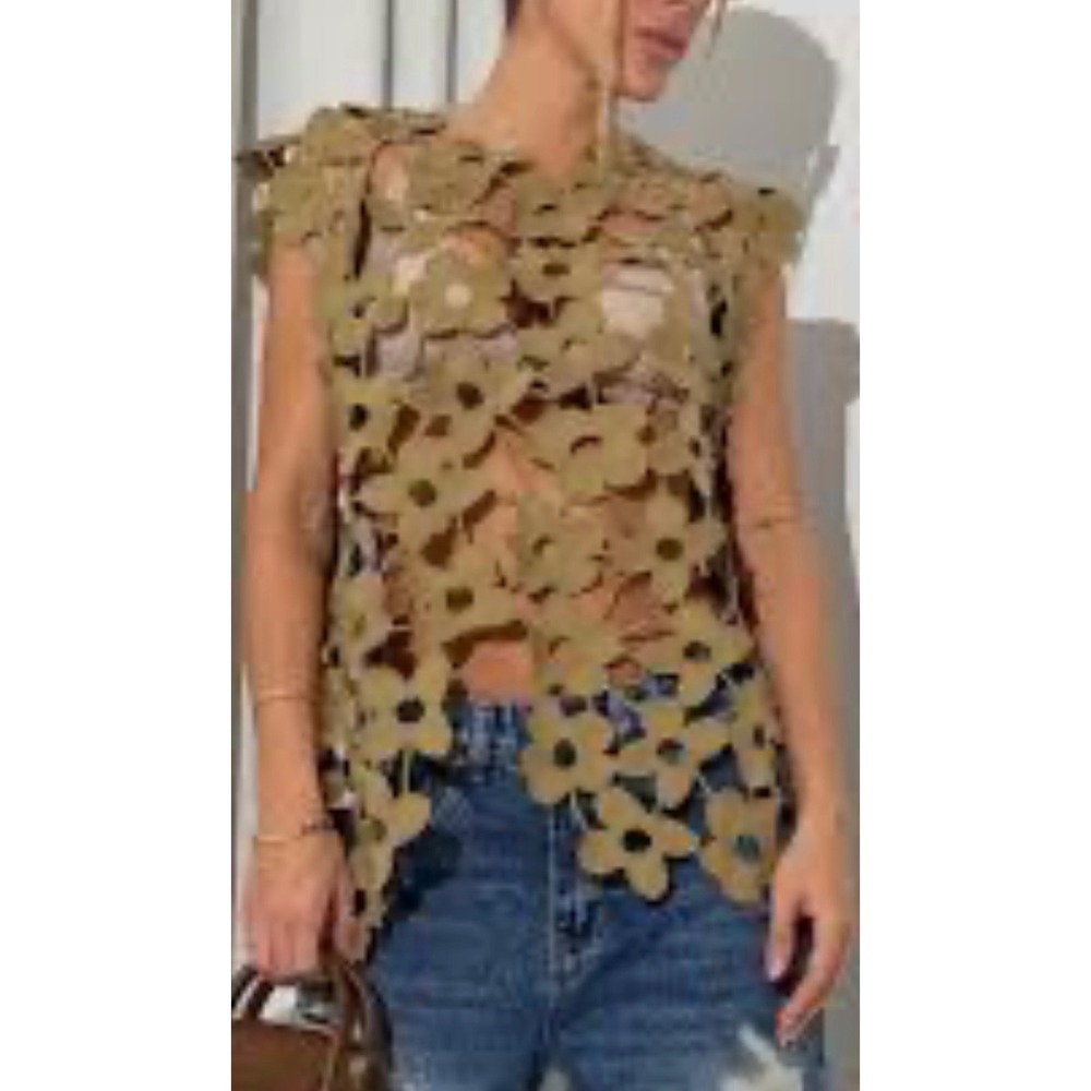 Blakeley Floral Cutout Crochet Top Tan Khaki‎ Boho Lace Overlay Sleeveless OS